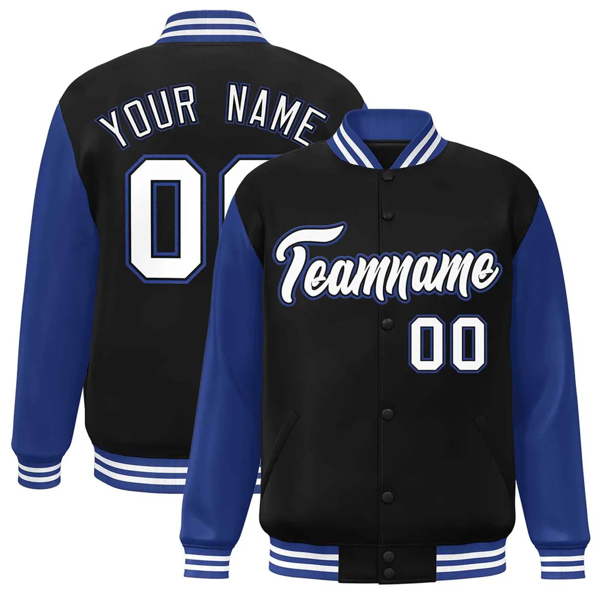 Black White-Black Raglan Sleeves Varsity Full-Snap Letterman Jacket