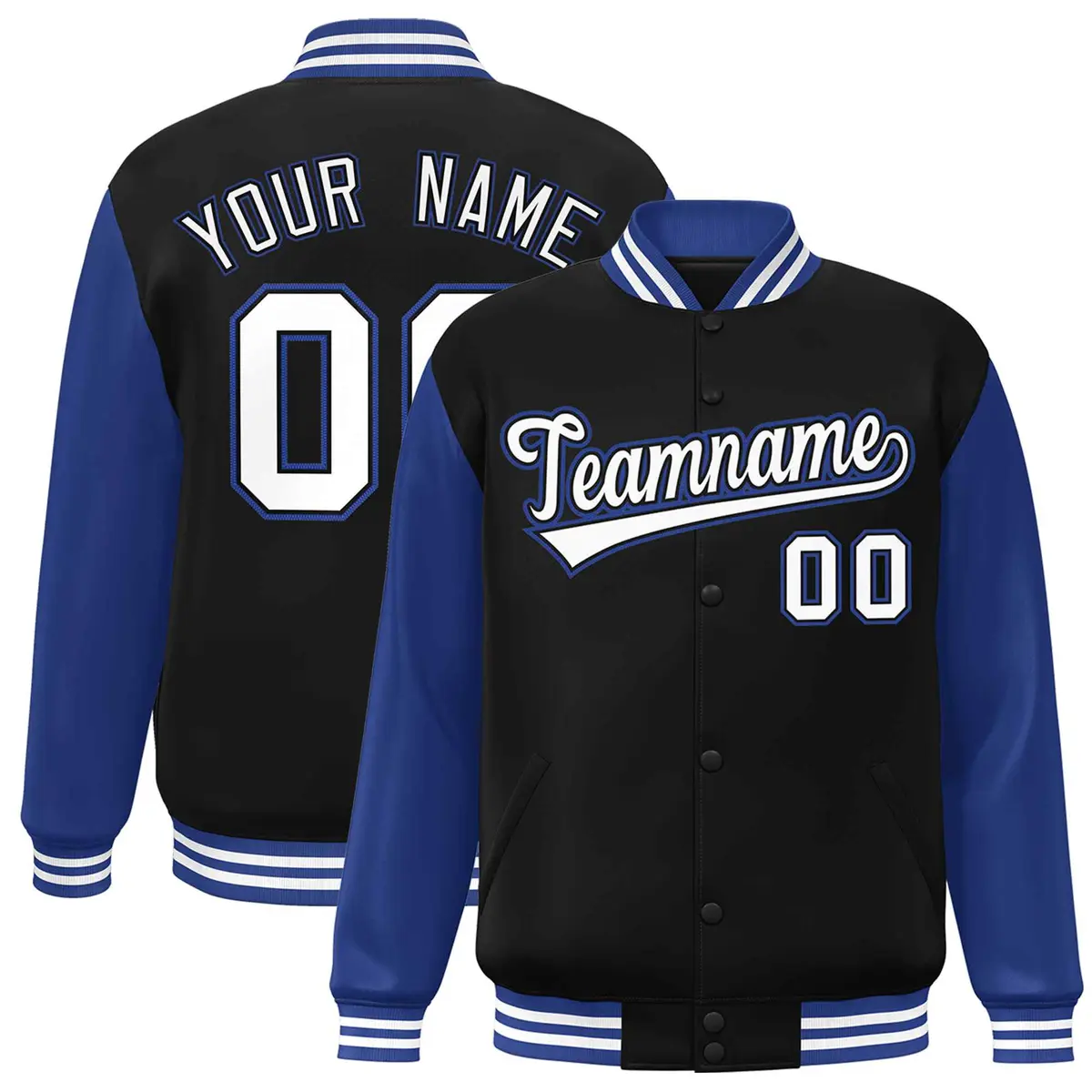 Black White-Black Raglan Sleeves Varsity Full-Snap Letterman Jacket
