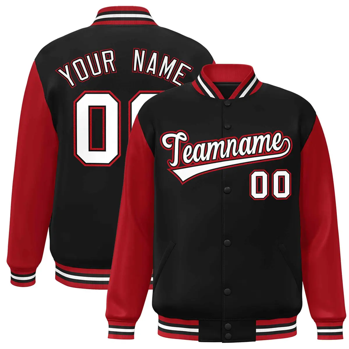 Black White-Black Raglan Sleeves Varsity Full-Snap Letterman Jacket