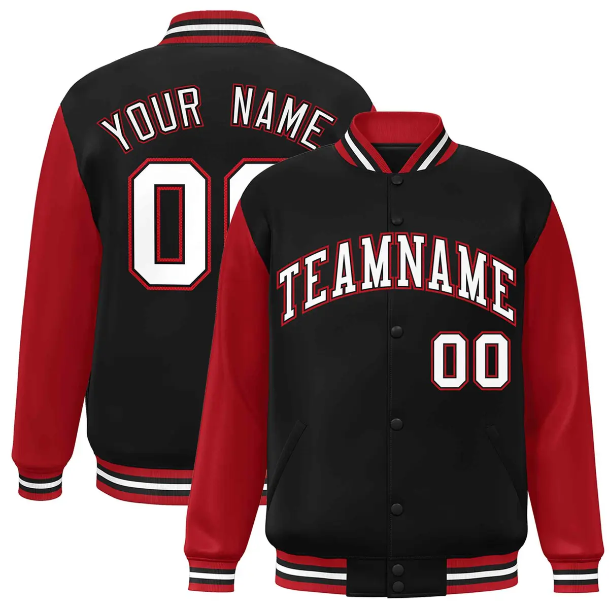 Black White-Black Raglan Sleeves Varsity Full-Snap Letterman Jacket