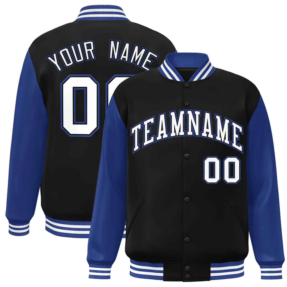 Black White-Black Raglan Sleeves Varsity Full-Snap Letterman Jacket