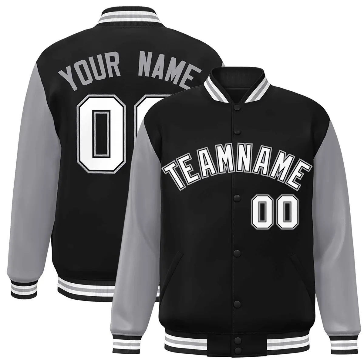 Black White-Black Raglan Sleeves Varsity Full-Snap Letterman Jacket