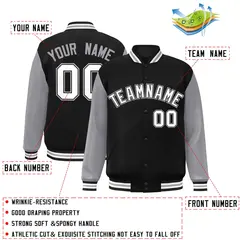 Black White-Black Raglan Sleeves Varsity Full-Snap Letterman Jacket 2