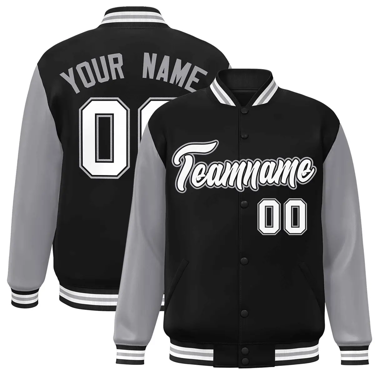 Black White-Black Raglan Sleeves Varsity Full-Snap Letterman Jacket