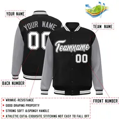 Black White-Black Raglan Sleeves Varsity Full-Snap Letterman Jacket 2