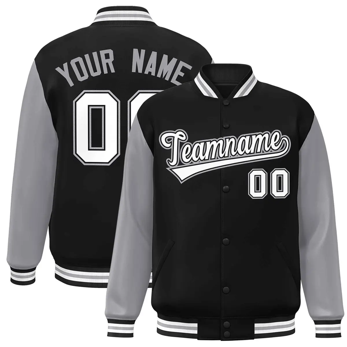 Black White-Black Raglan Sleeves Varsity Full-Snap Letterman Jacket