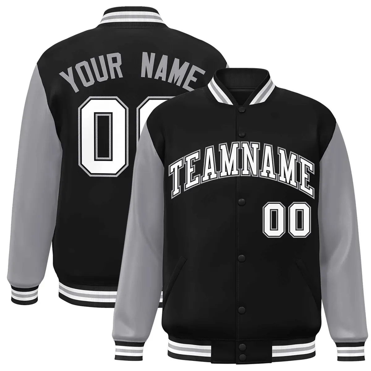 Black White-Black Raglan Sleeves Varsity Full-Snap Letterman Jacket