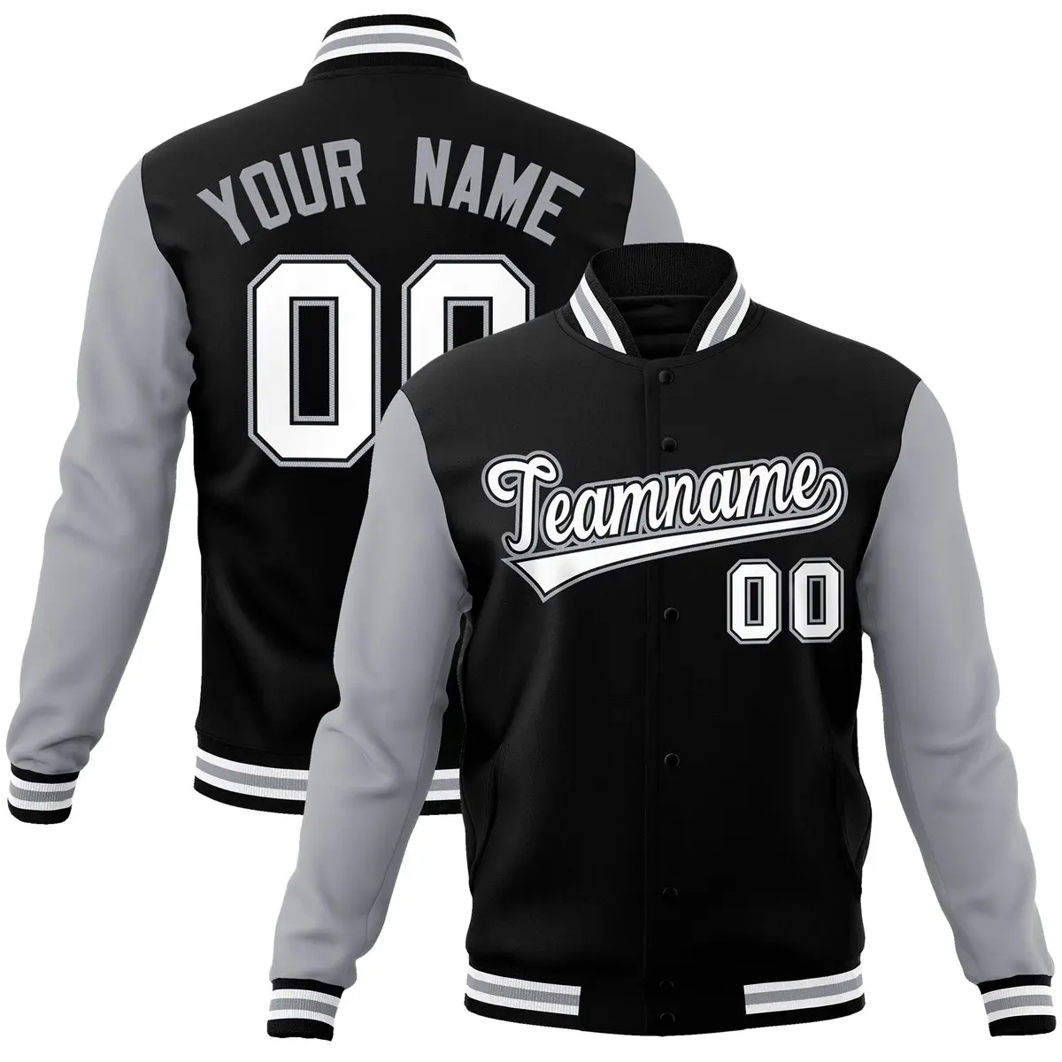Black White-Black Raglan Sleeves Varsity Full-Snap Letterman Jacket