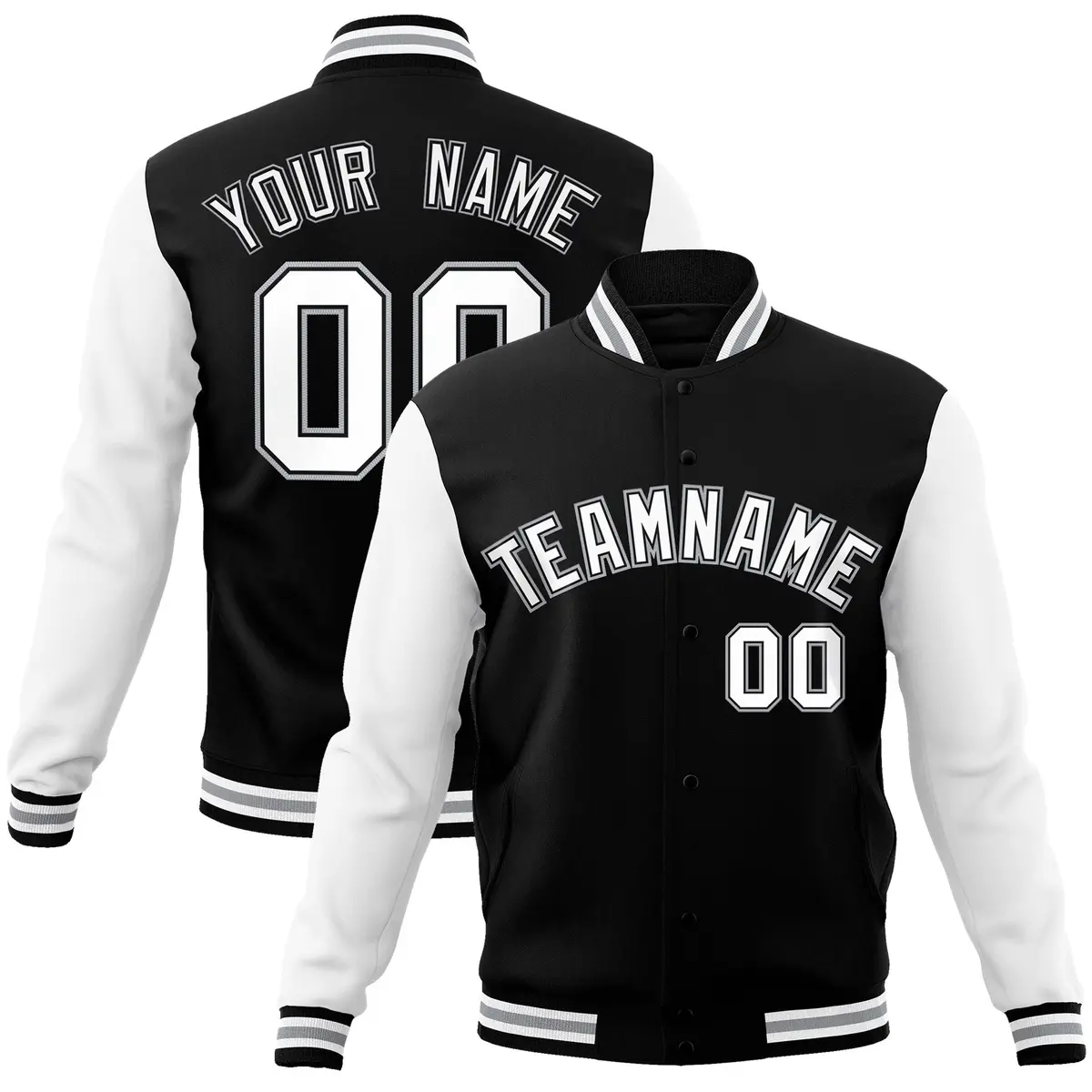 Black White-Black Raglan Sleeves Varsity Full-Snap Letterman Jacket