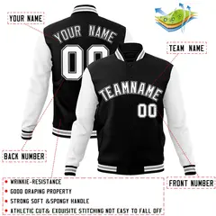 Black White-Black Raglan Sleeves Varsity Full-Snap Letterman Jacket 4
