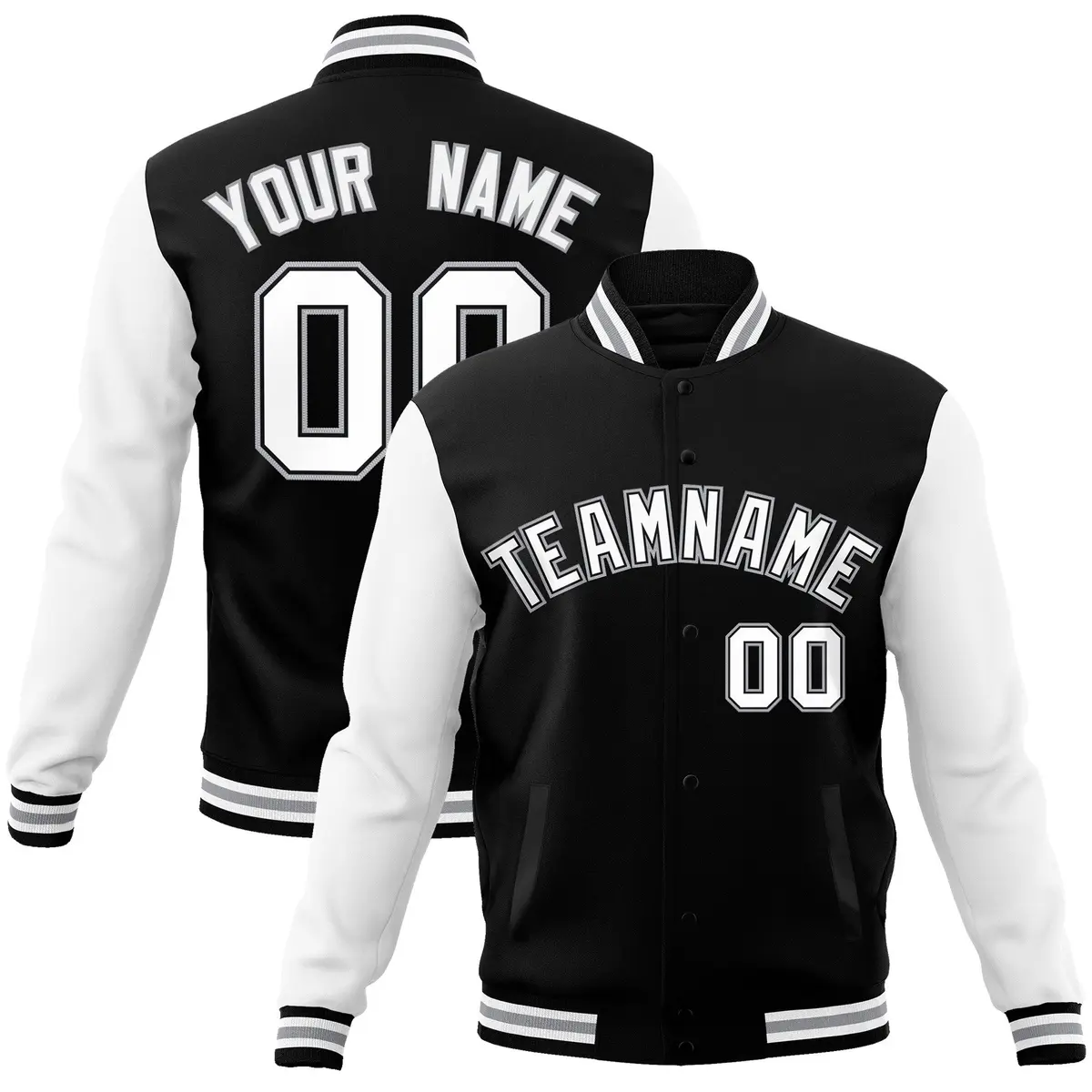 Black White-Black Raglan Sleeves Varsity Full-Snap Letterman Jacket