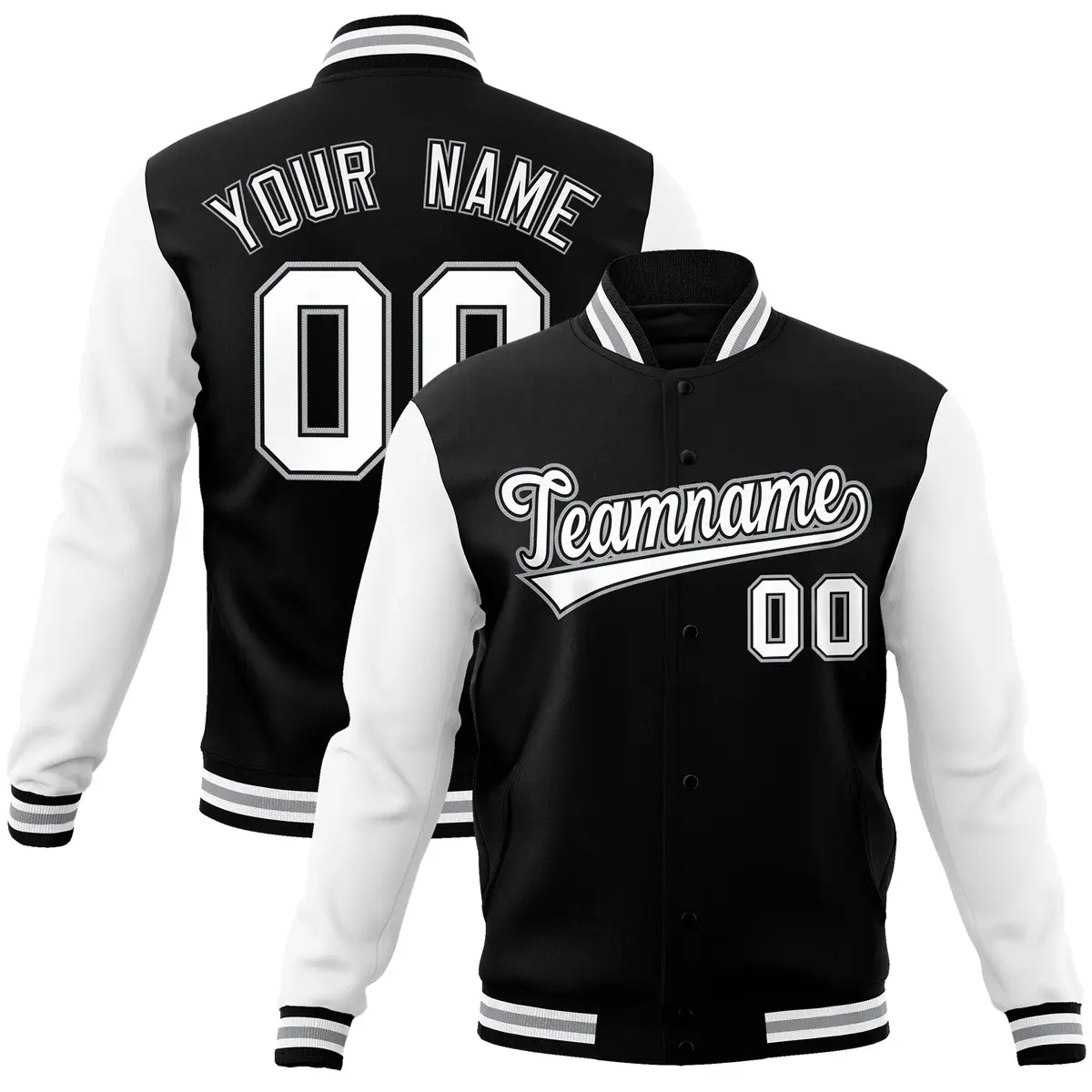 Black White-Black Raglan Sleeves Varsity Full-Snap Letterman Jacket