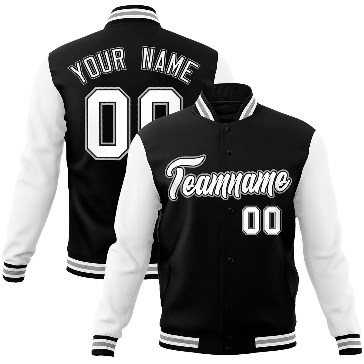 Black White-Black Raglan Sleeves Varsity Full-Snap Letterman Jacket