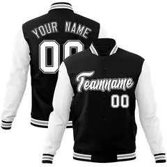 Black White-Black Raglan Sleeves Varsity Full-Snap Letterman Jacket