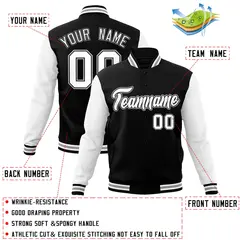Black White-Black Raglan Sleeves Varsity Full-Snap Letterman Jacket 4