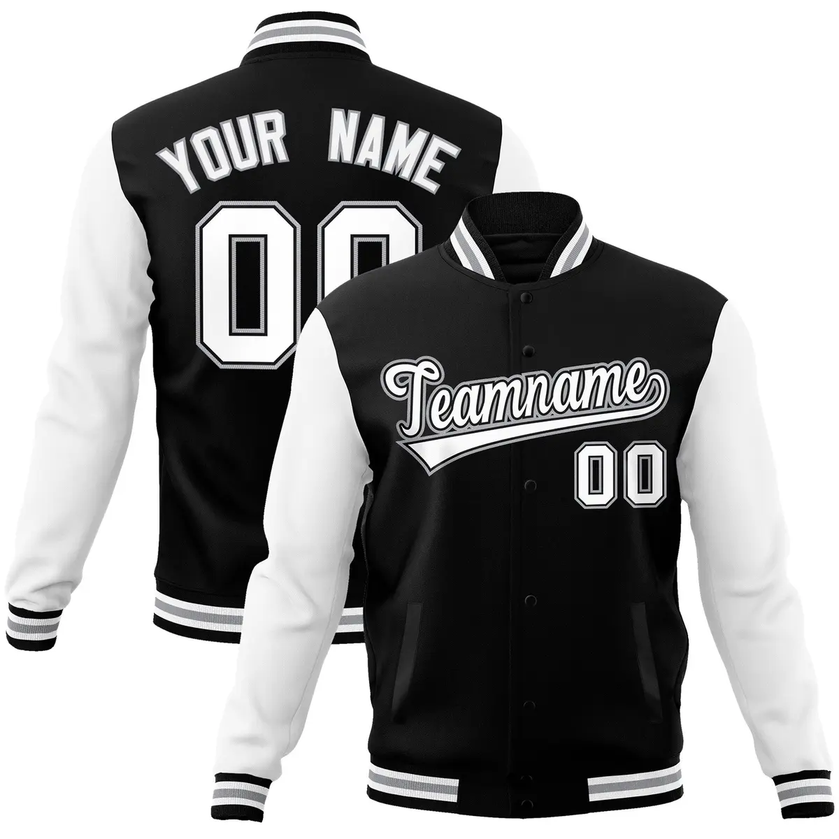 Black White-Black Raglan Sleeves Varsity Full-Snap Letterman Jacket