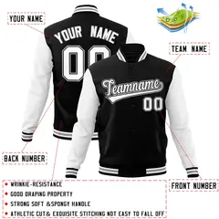 Black White-Black Raglan Sleeves Varsity Full-Snap Letterman Jacket 4