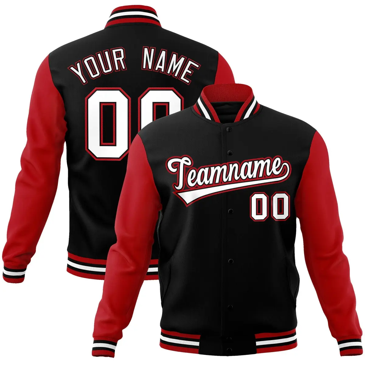 Black White-Black Raglan Sleeves Varsity Full-Snap Letterman Jacket