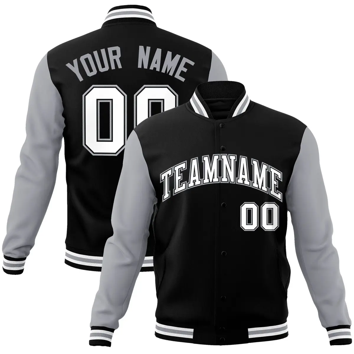 Black White-Black Raglan Sleeves Varsity Full-Snap Letterman Jacket