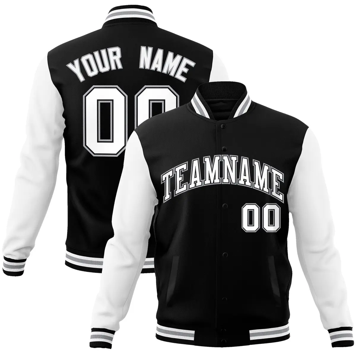 Black White-Black Raglan Sleeves Varsity Full-Snap Letterman Jacket
