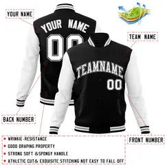 Black White-Black Raglan Sleeves Varsity Full-Snap Letterman Jacket 4