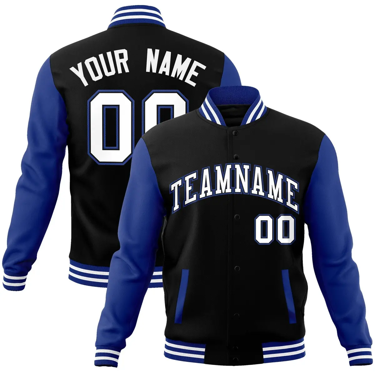 Black White-Black Raglan Sleeves Varsity Full-Snap Letterman Jacket