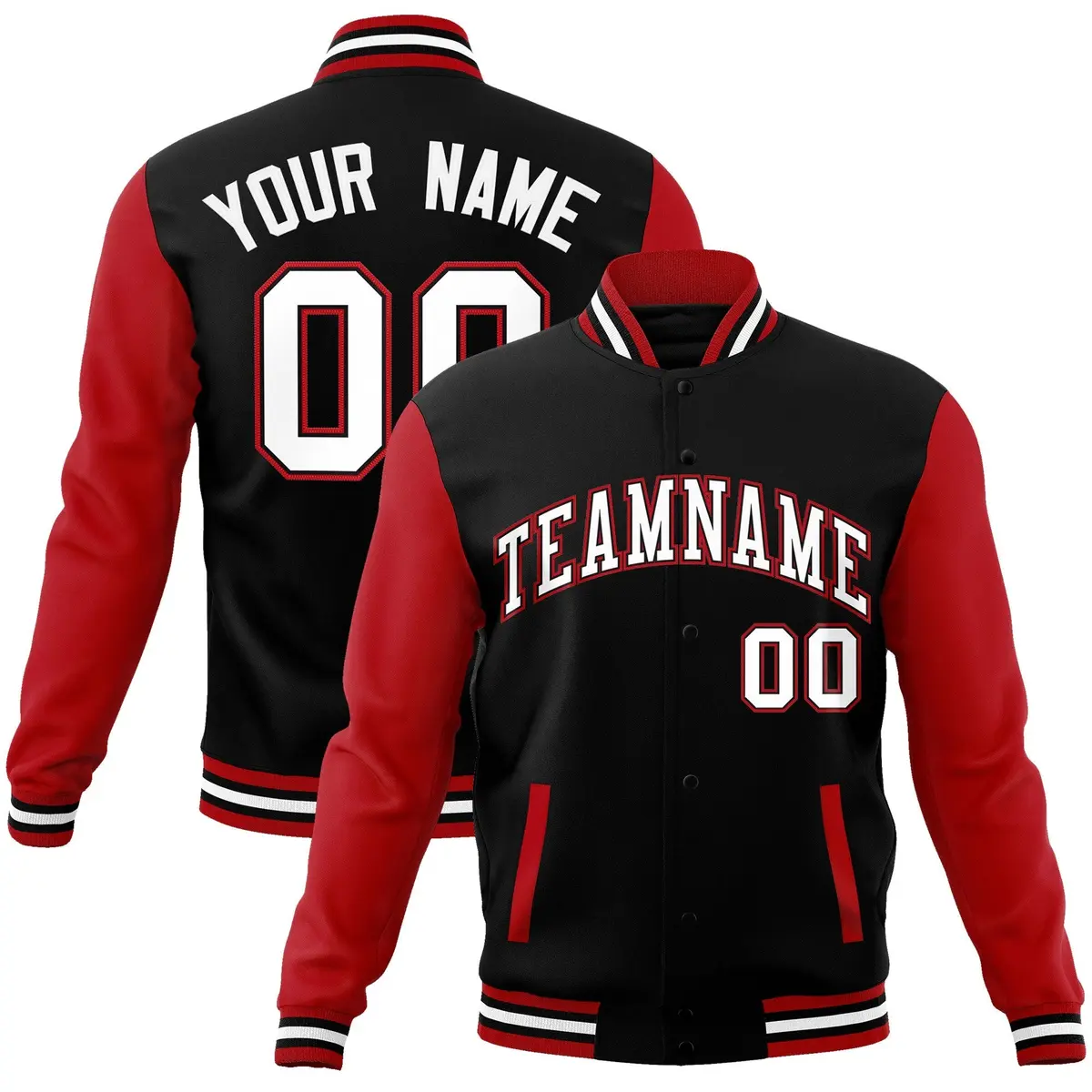 Black White-Black Raglan Sleeves Varsity Full-Snap Letterman Jacket