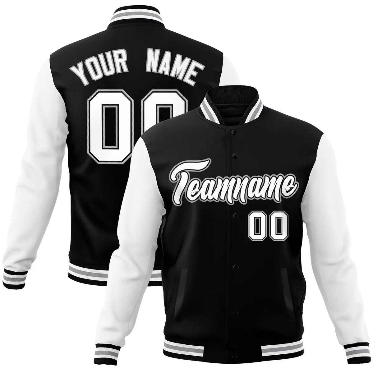 Black White-Black Raglan Sleeves Varsity Full-Snap Letterman Jacket