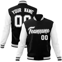 Black White-Black Raglan Sleeves Varsity Full-Snap Letterman Jacket