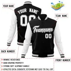 Black White-Black Raglan Sleeves Varsity Full-Snap Letterman Jacket 4