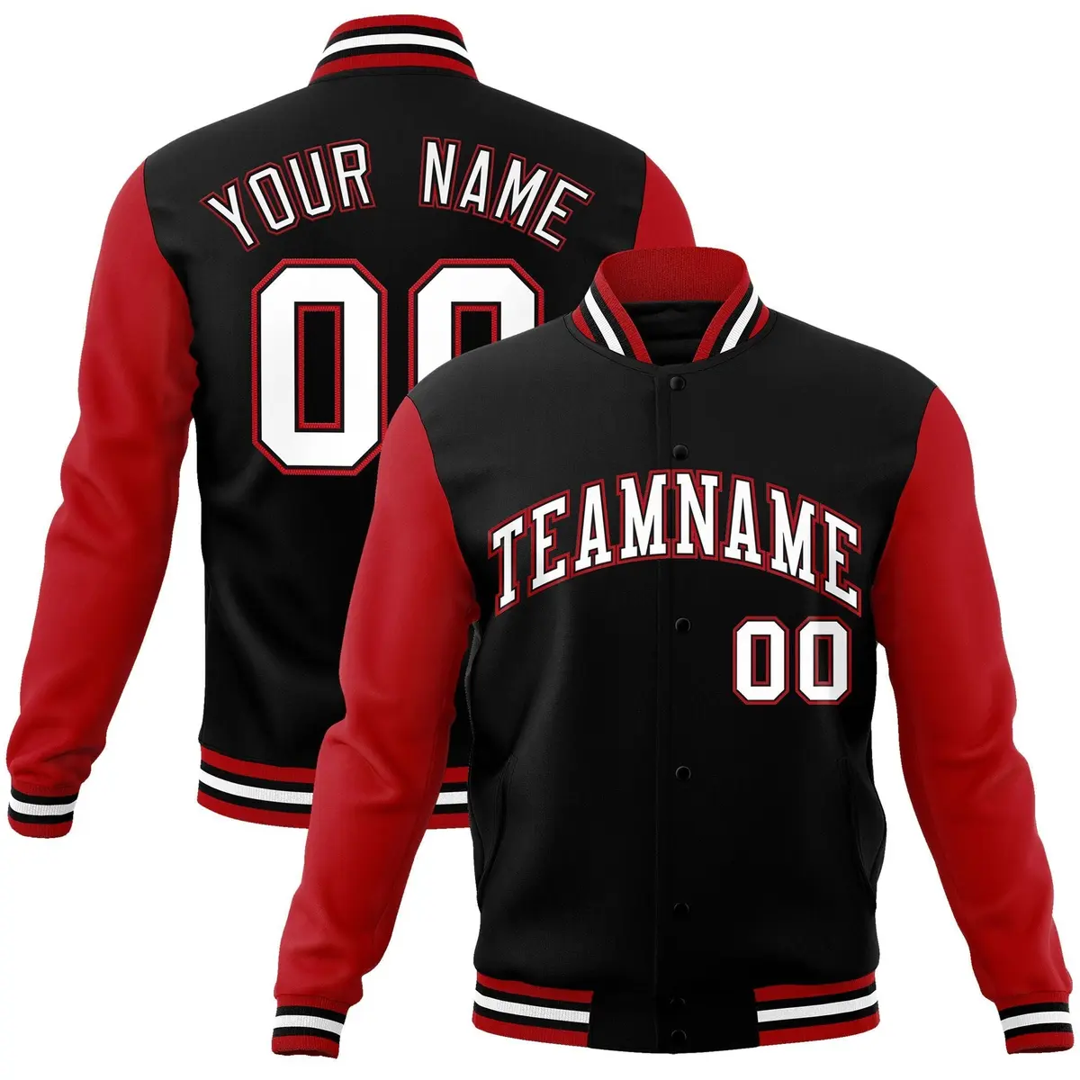 Black White-Black Raglan Sleeves Varsity Full-Snap Letterman Jacket
