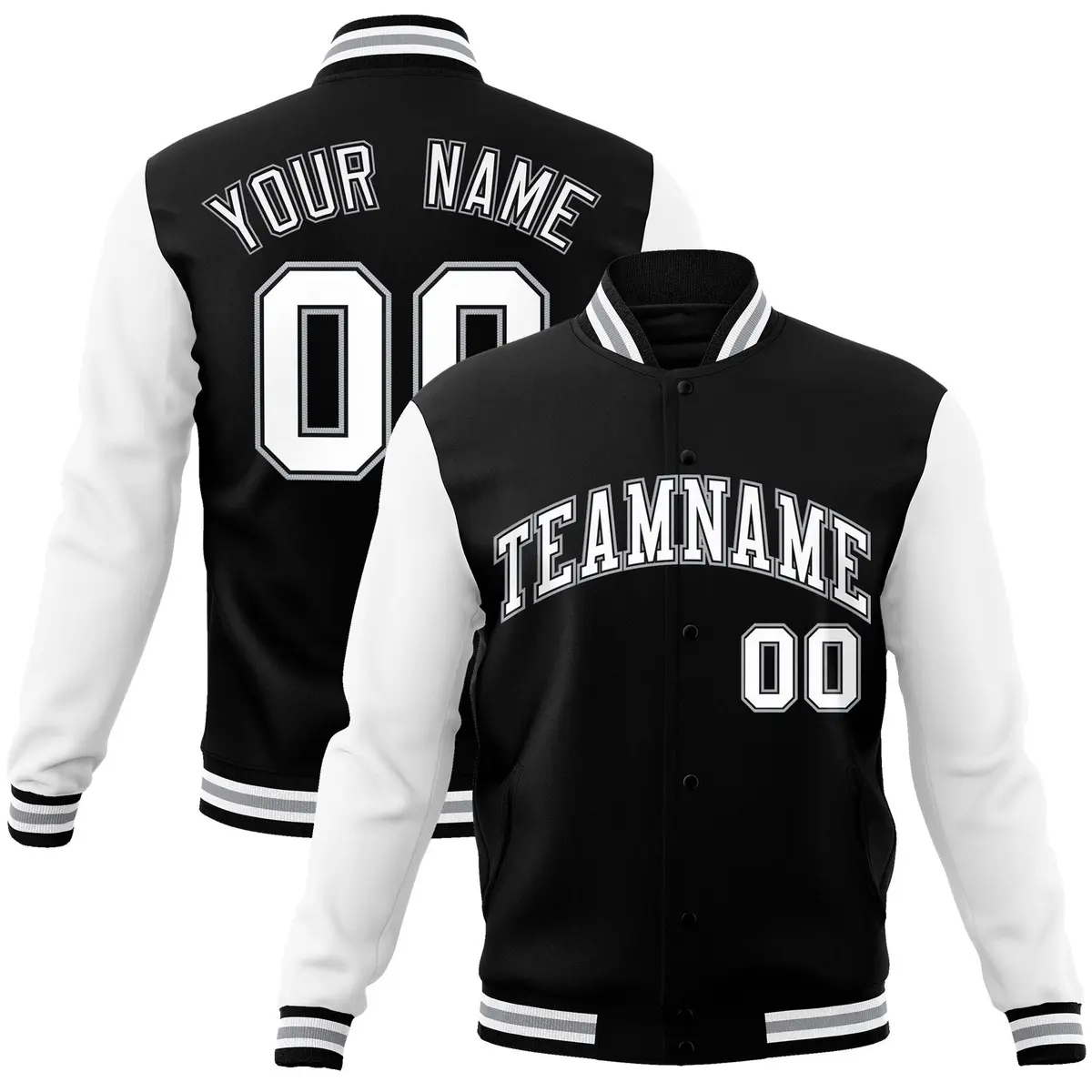 Black White-Black Raglan Sleeves Varsity Full-Snap Letterman Jacket