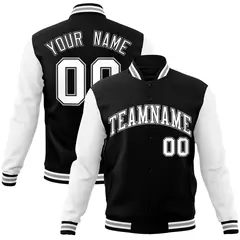 Black White-Black Raglan Sleeves Varsity Full-Snap Letterman Jacket 1