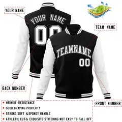 Black White-Black Raglan Sleeves Varsity Full-Snap Letterman Jacket 4