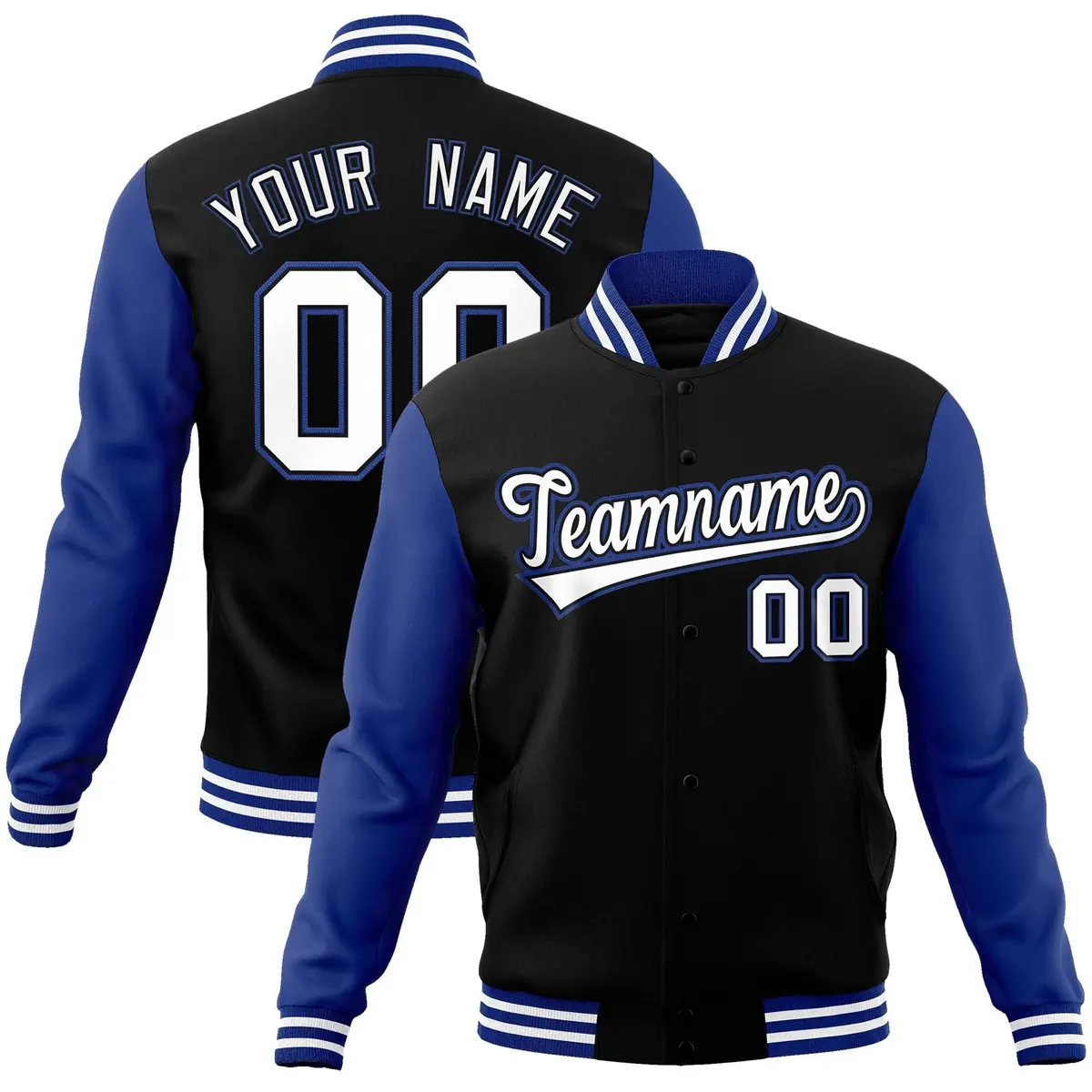 Black White-Black Raglan Sleeves Varsity Full-Snap Letterman Jacket