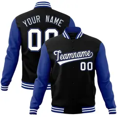 Black White-Black Raglan Sleeves Varsity Full-Snap Letterman Jacket 1