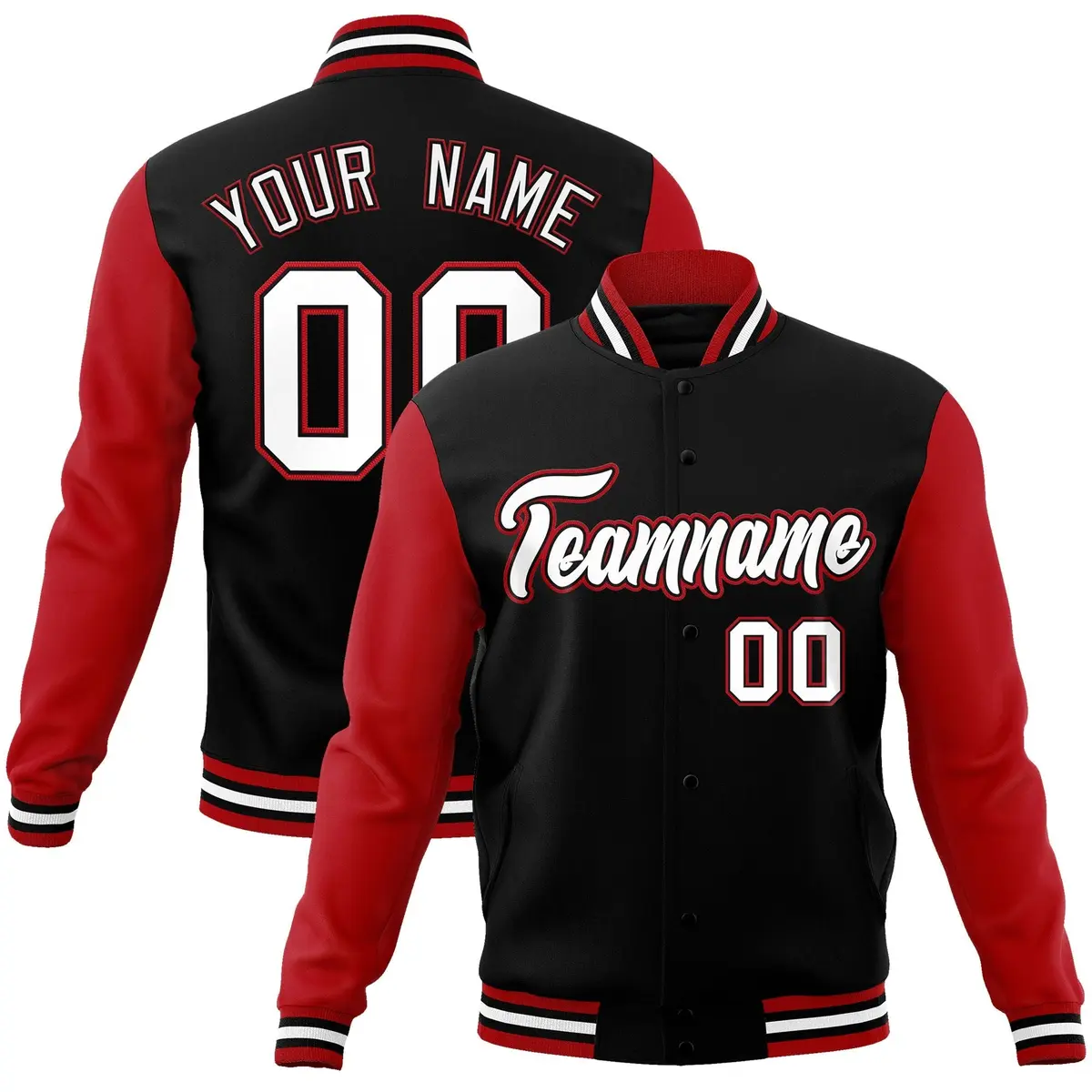 Black White-Black Raglan Sleeves Varsity Full-Snap Letterman Jacket