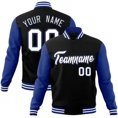Black White-Black Raglan Sleeves Varsity Full-Snap Letterman Jacket 1