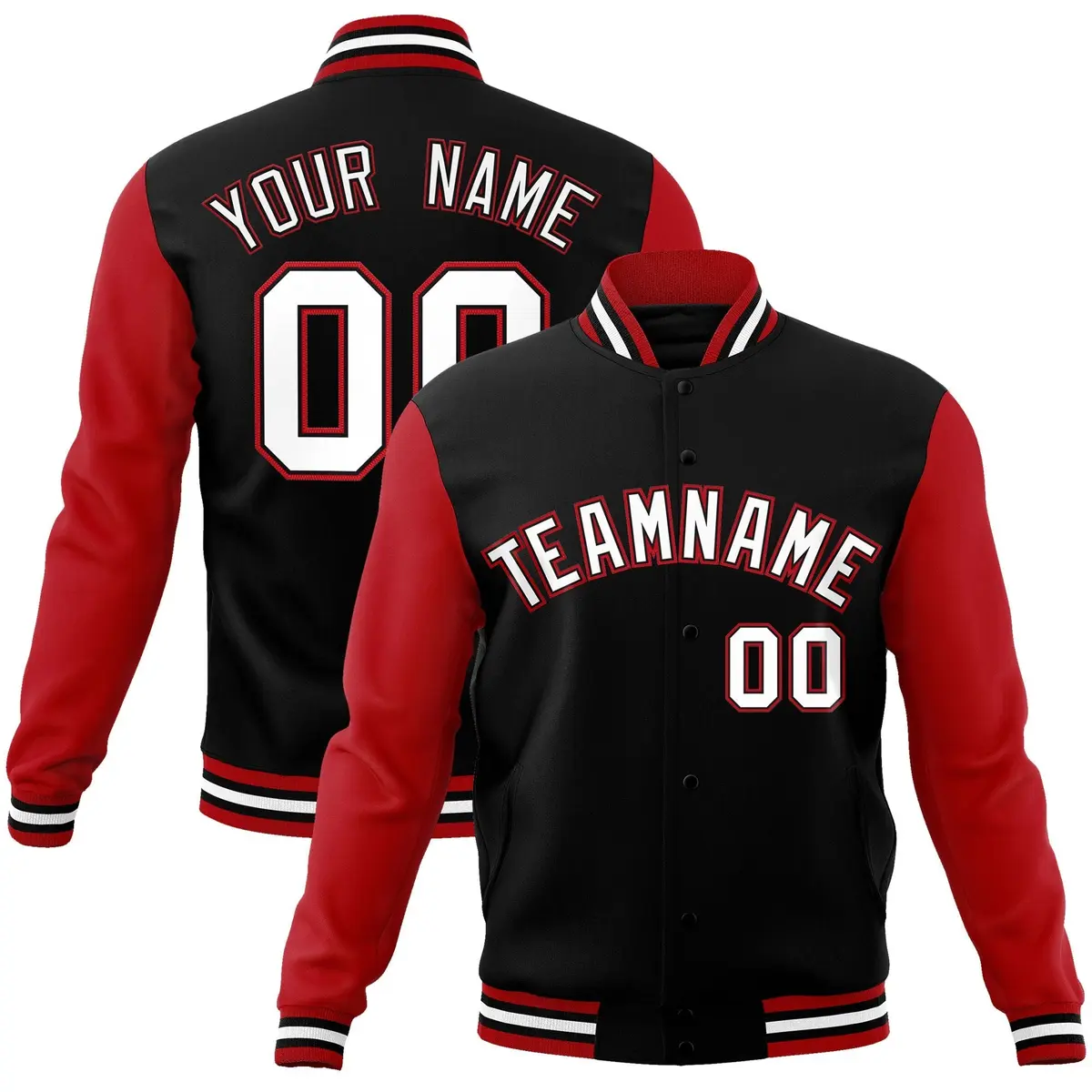 Black White-Black Raglan Sleeves Varsity Full-Snap Letterman Jacket