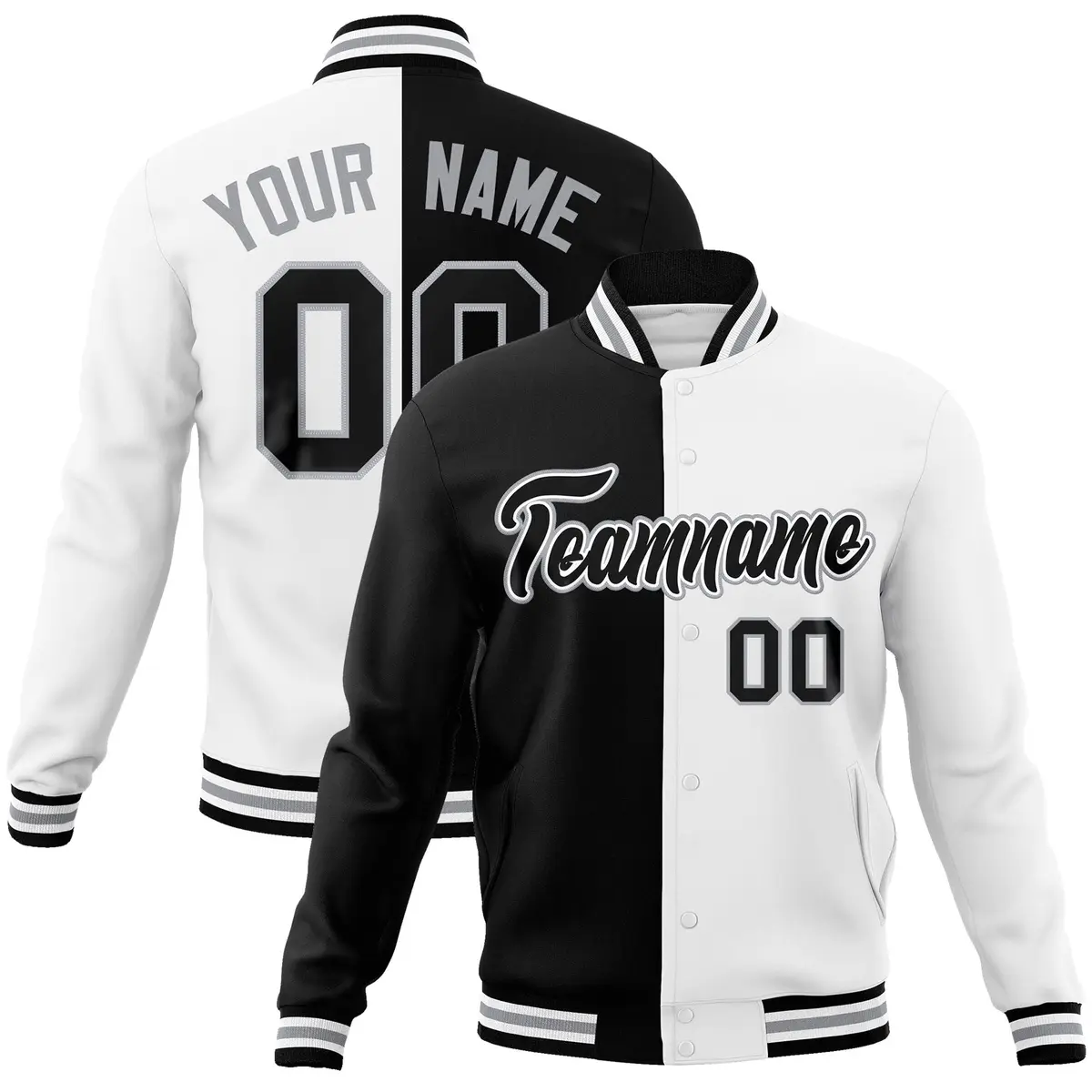 Black White-Black Two Tone Split Varsity Full-Snap Letterman Jacket
