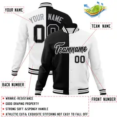 Black White-Black Two Tone Split Varsity Full-Snap Letterman Jacket 4