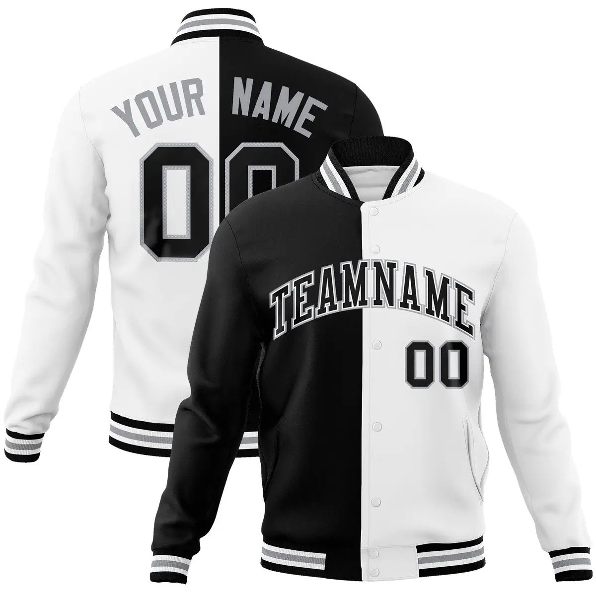 Black White-Black Two Tone Split Varsity Full-Snap Letterman Jacket