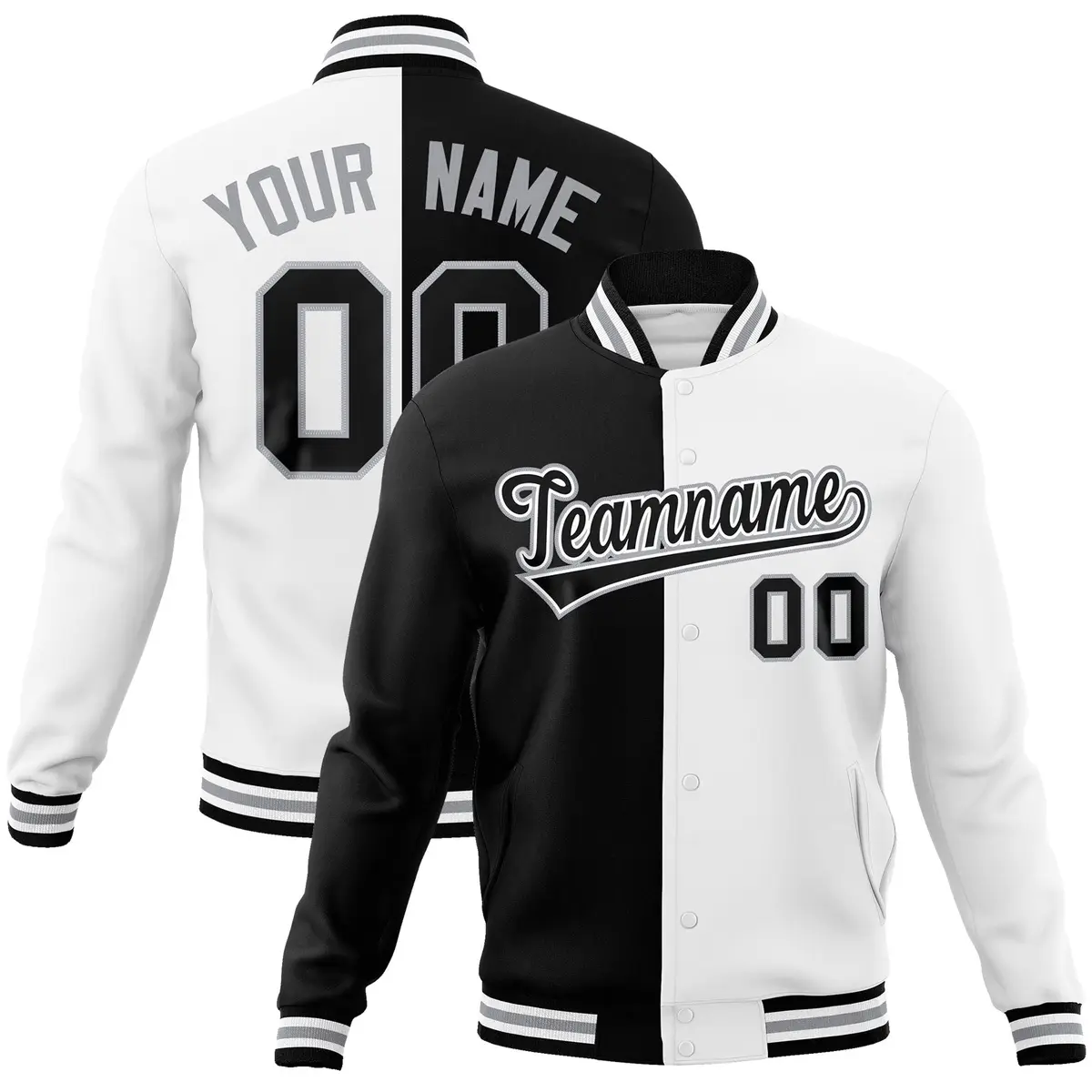 Black White-Black Two Tone Split Varsity Full-Snap Letterman Jacket