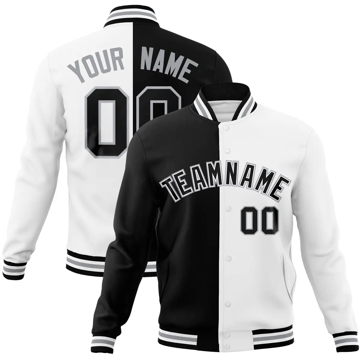 Black White-Black Two Tone Split Varsity Full-Snap Letterman Jacket