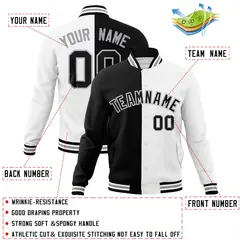 Black White-Black Two Tone Split Varsity Full-Snap Letterman Jacket 4