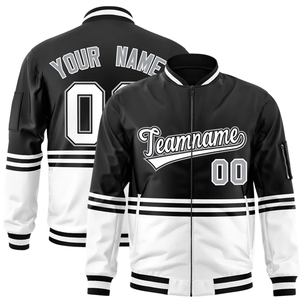 Black White-Black Varsity Color Block Letterman Bomber Jacket