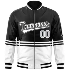 Black White-Black Varsity Color Block Letterman Bomber Jacket 3