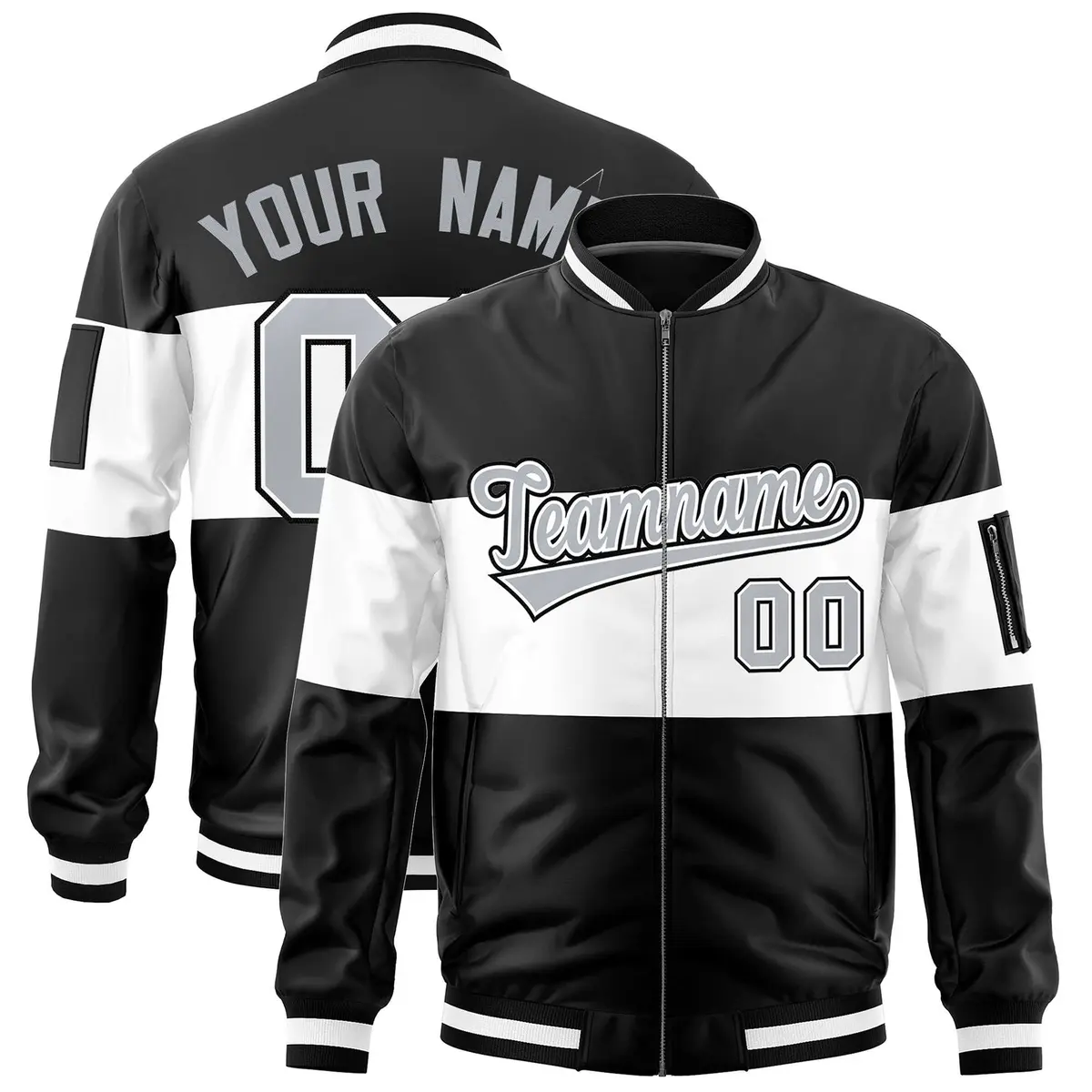 Black White-Black Varsity Color Block Letterman Bomber Jacket