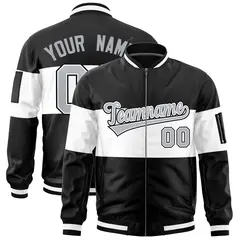 Black White-Black Varsity Color Block Letterman Bomber Jacket