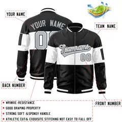 Black White-Black Varsity Color Block Letterman Bomber Jacket 2